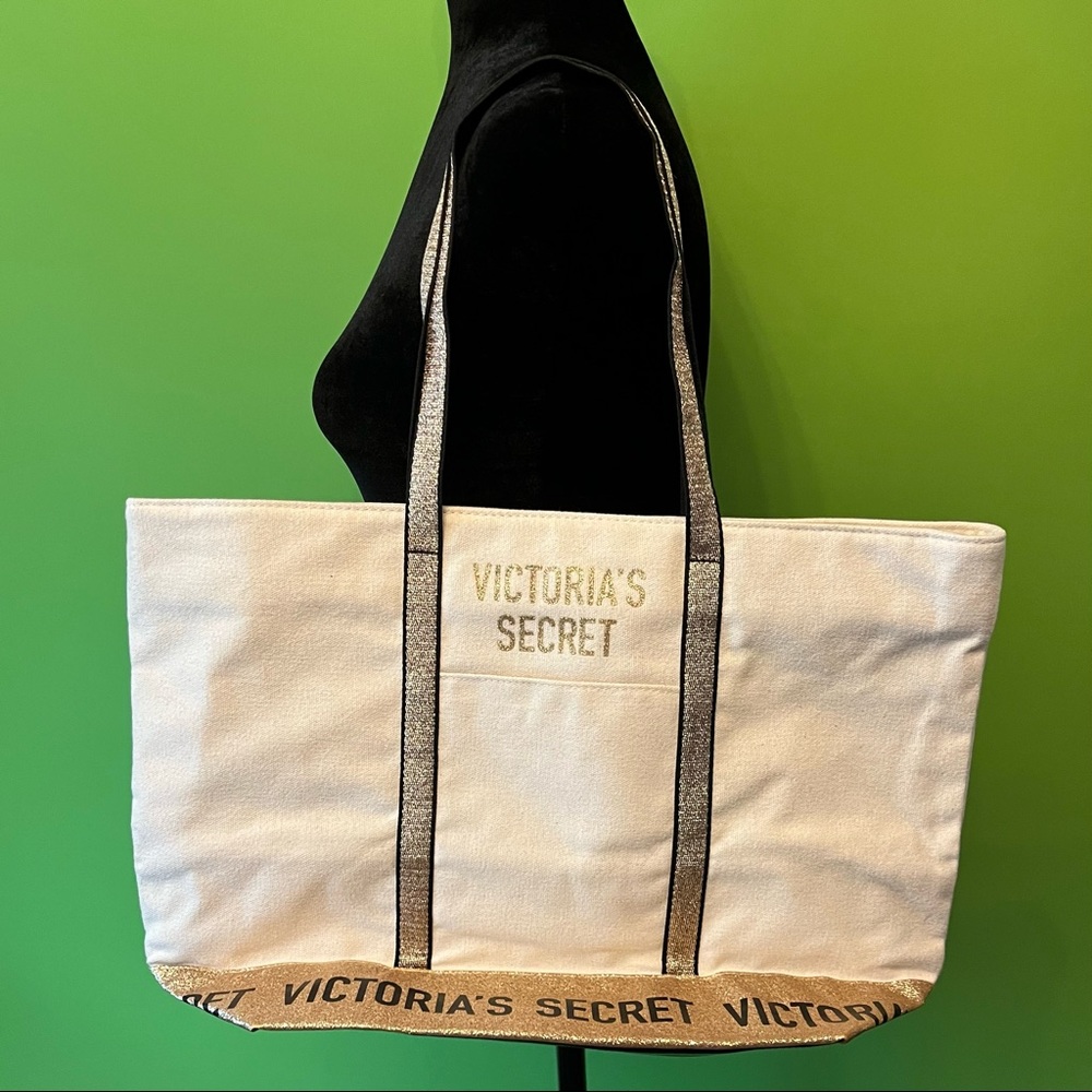 Victoria's Secret gold glitter canvas tote beige gold, NWOT